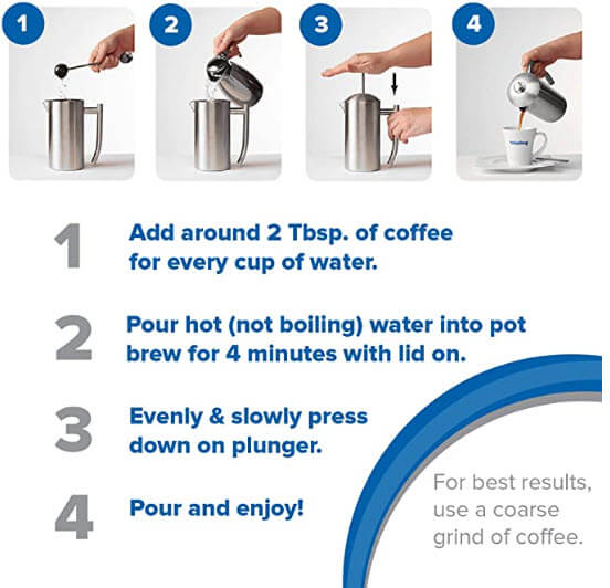 The 4 stages of brewing a coffee using a french press coffee maker.