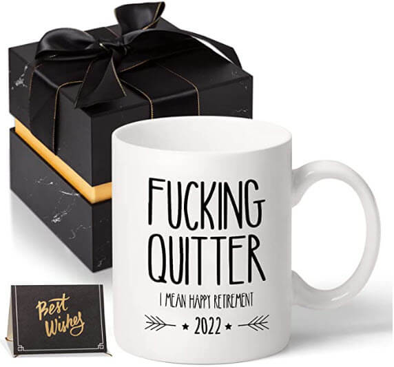 Funny Retirement Coffee Mugs - I mean happy retirement written in bold black writing on a white mug