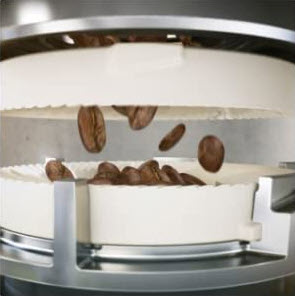 close up of coffee beans in a ceramic grinder