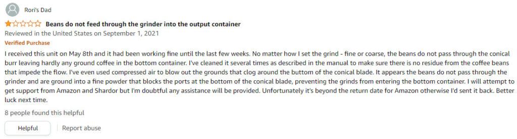 Amazon customer review of the Shardor Coffee Grinder