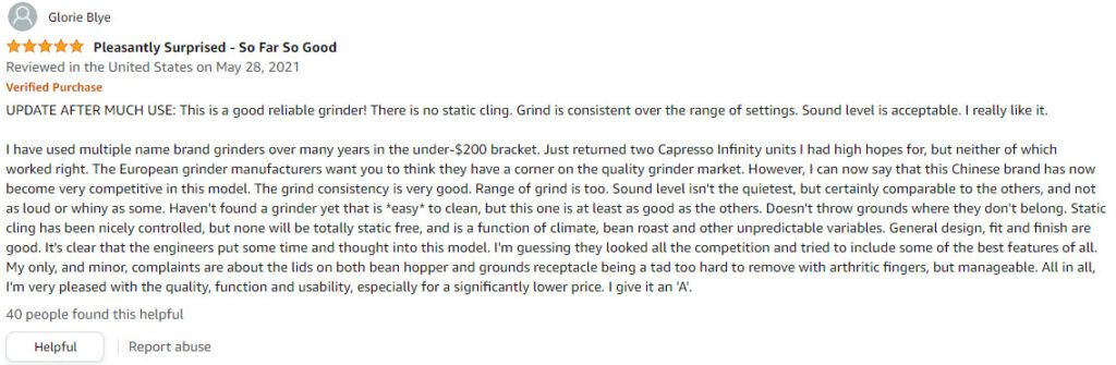 Amazon customer review of the Shardor Coffee Grinder