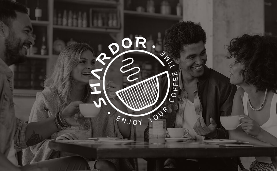 Shardor Coffee Grinder logo on a shop window with people sitting inside.