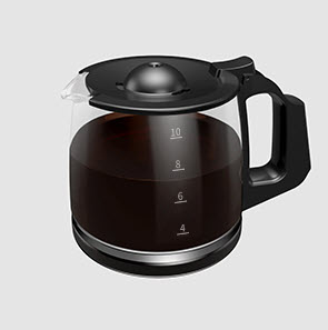 A glass coffee pot with black handle that is half filled with black coffee.