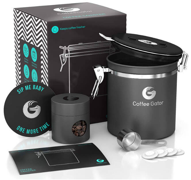 Coffee Gator Coffee Canister – 6” Stainless Steel Airtight Coffee Containers for Ground Coffee w/Date Tracker, Co2-Release Valve, Measuring Scoop in black