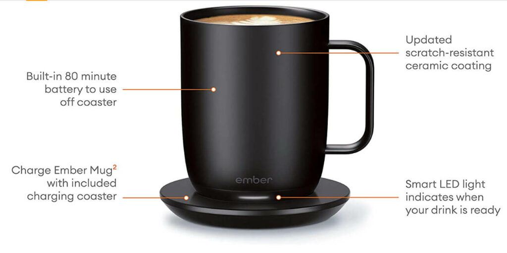 Ember Coffee Mug Black with features written around the outside of the mug