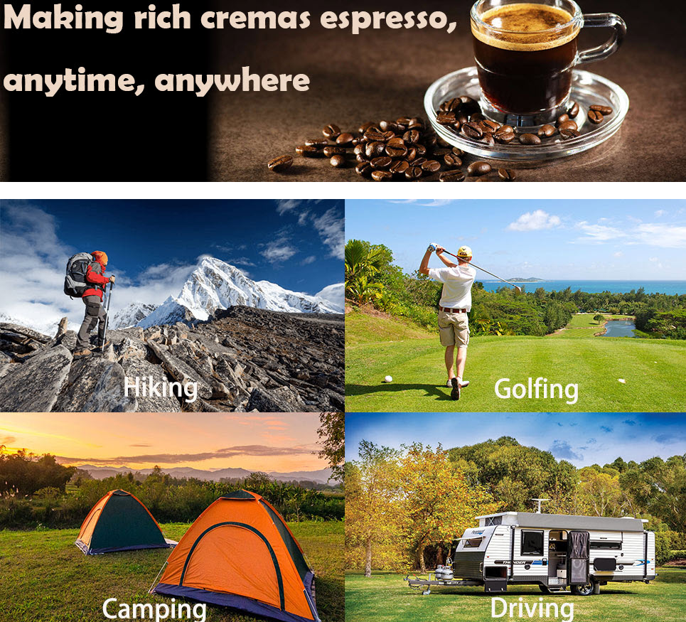 What is The Best Way To Brew Coffee showing where you can use the Cera plus through images of hiking, playing golf, camping and driving