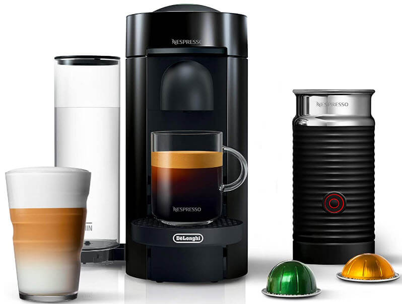 Nespresso Vertuoplus Coffee Machine with a milk frother, water canister and a glass of coffee.