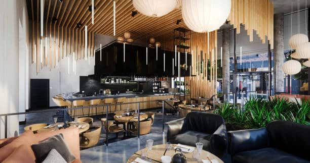 Digitally generated cozy and modern café interior.