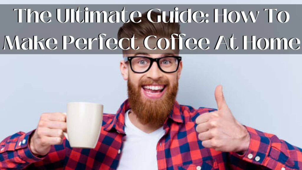 Close up photo of crazy happy smiling man in spectacles holding cup of tasty fresh coffee and showing thumb up
