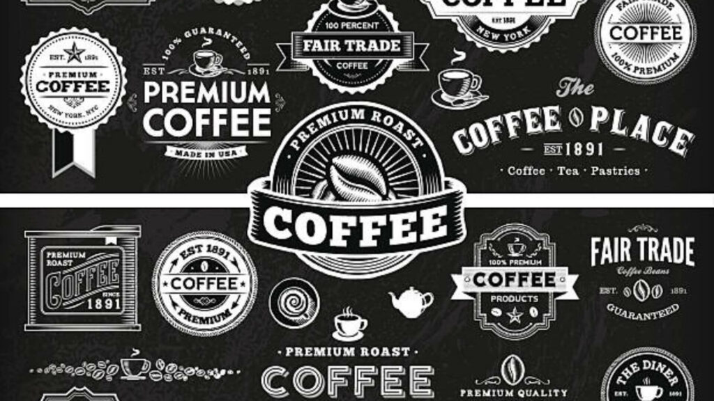 A collection of coffee-themed, chalkboard design elements.