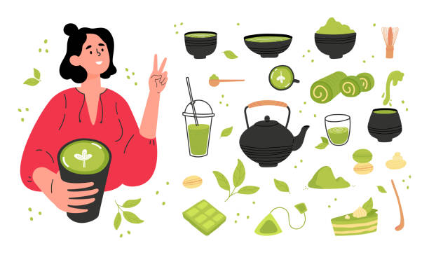 Green matcha tea serve and drink by a young woman. Matcha latte healthy drink.Various tea products made from matcha. Japanese tea culture. Hand drawn vector colored trendy illustration.