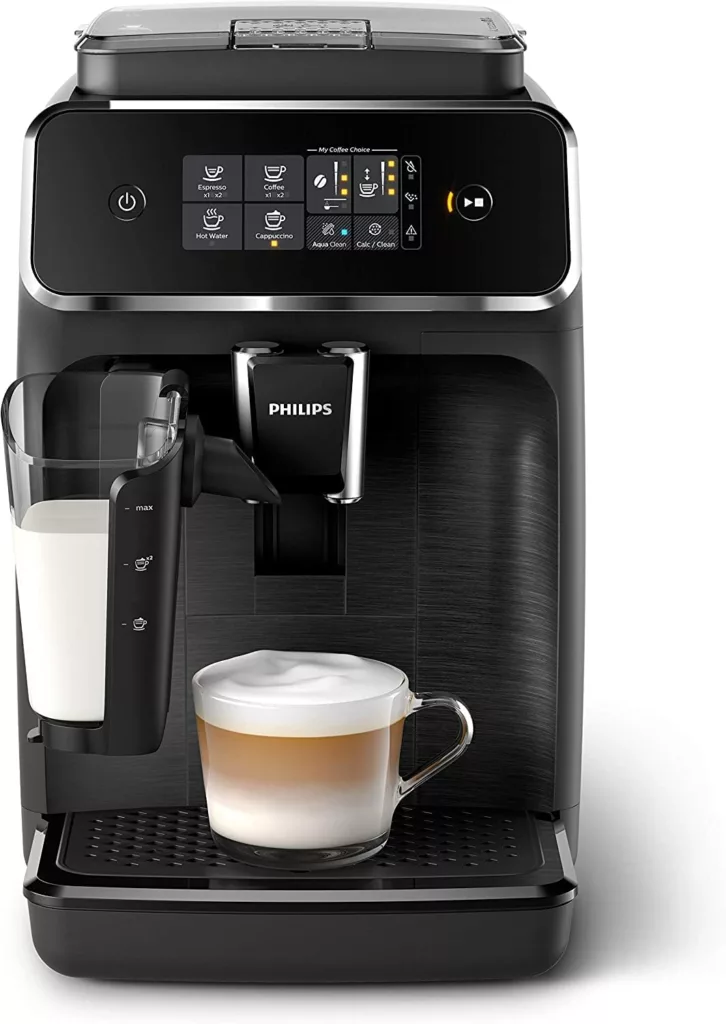 Large black coffee machine with a frothy glass of coffee under the spout.