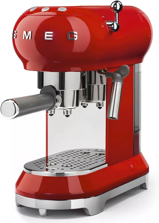 A red espresson coffee maker machine with with silver writing and handles.