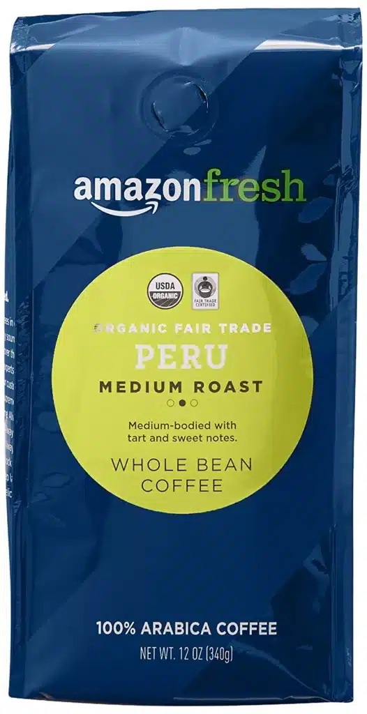 AmazonFresh Organic Fair Trade Peru Whole Bean Coffee, Medium Roast, 12 Ounce