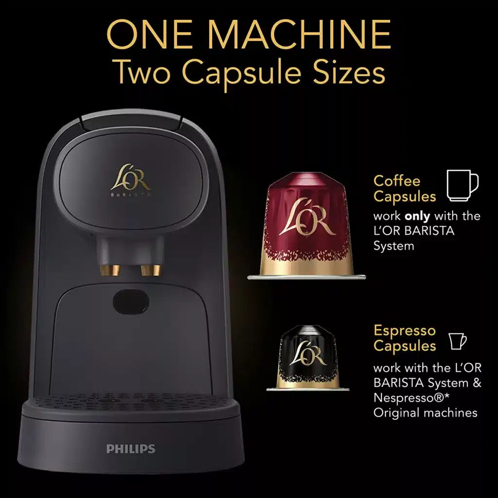 Two different size coffee capsules next to a black coffee machine against a dark backgound
