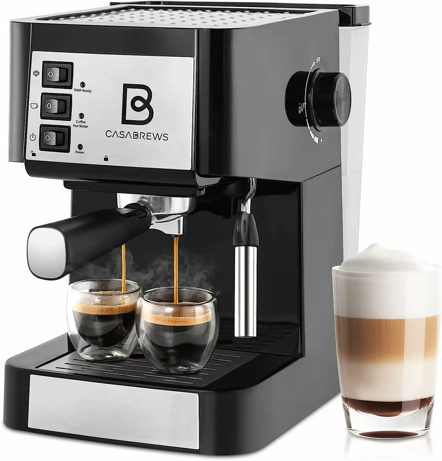 Balck and silver Casabrews Espresso Machine with 2 glasses of black coffee being poured and a frothy coffee beside the machine.