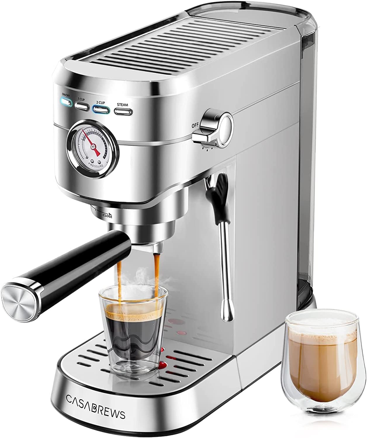 Casabrews Espresso Machine silver with a black coffee in a glass and a milky coffee in a glass.
