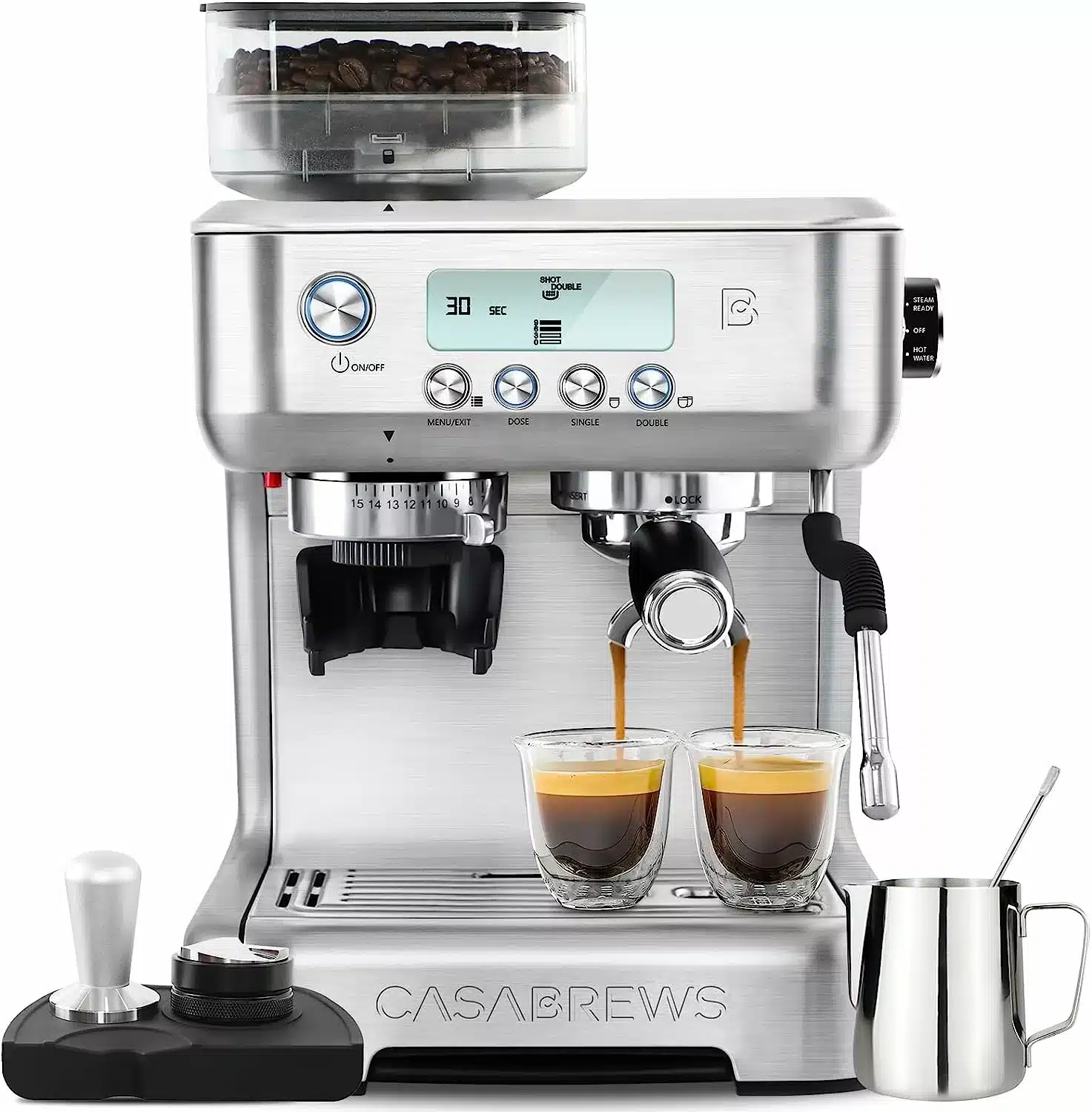 Silver Espresso coffee machine with 2 glasses of black coffee being poured and coffee making utensils in the foreground.