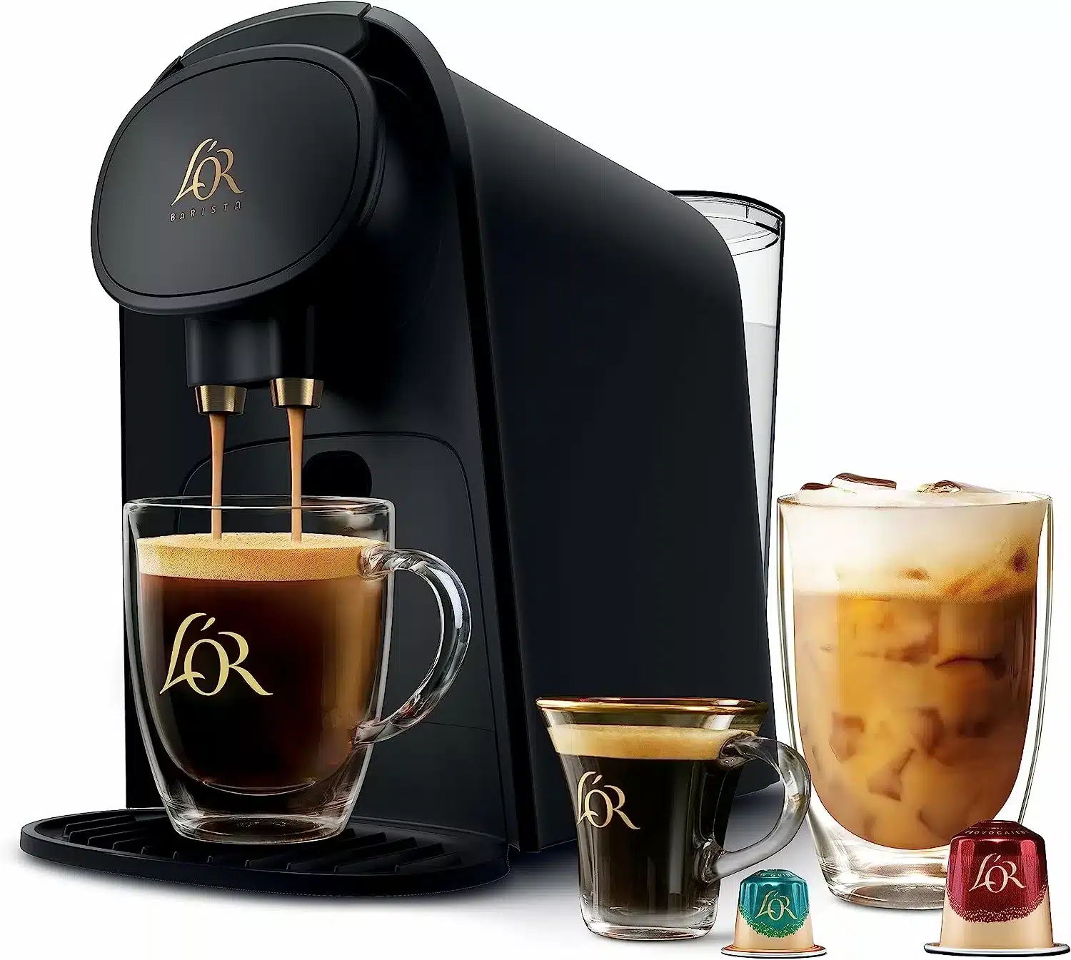 Black L'OR Barista coffee machine against a white background with different size glasses of coffee and two coffee pods