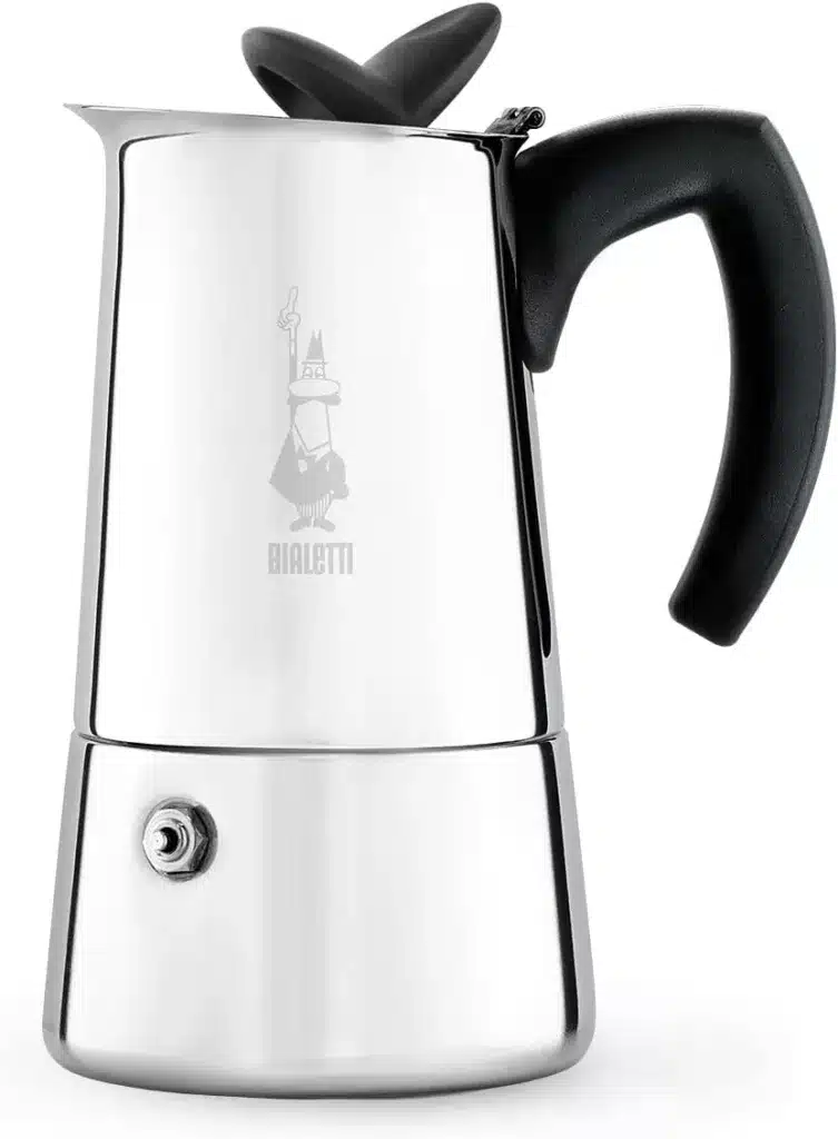 Stainless Steel coffee pot with a black handle against a white background.