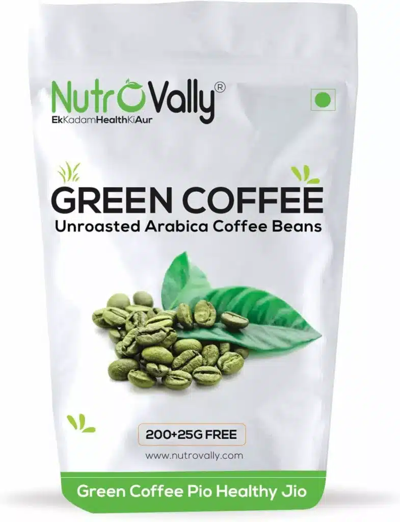A Green and white bag of Green Coffee Beans on a white background.