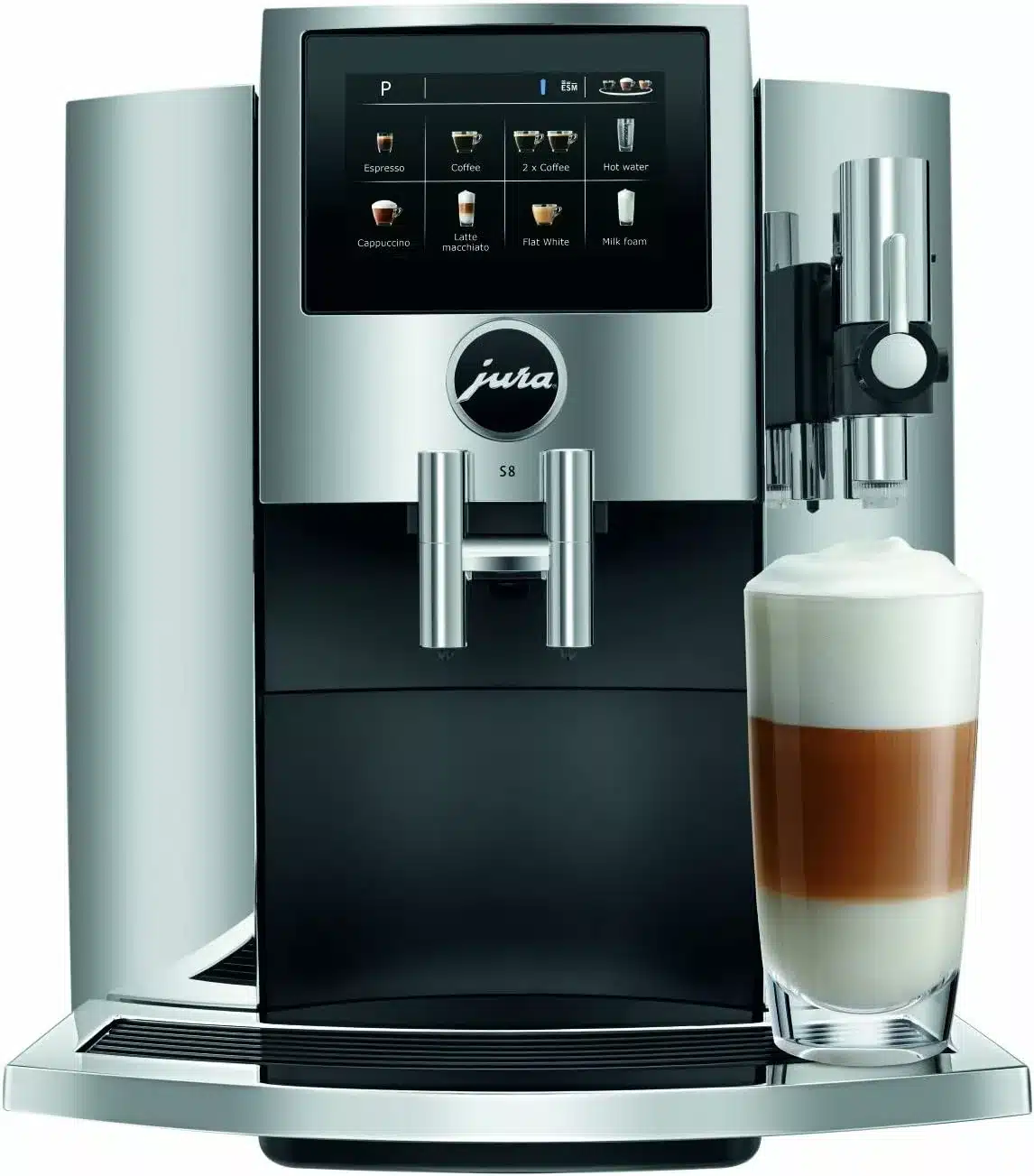 A chrome and black Jura Espresso Coffee Machines with a tall glass of frothy coffee
