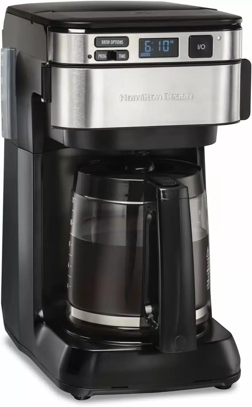 Black and silver coffee maker with a glass coffee pot filled with black coffee