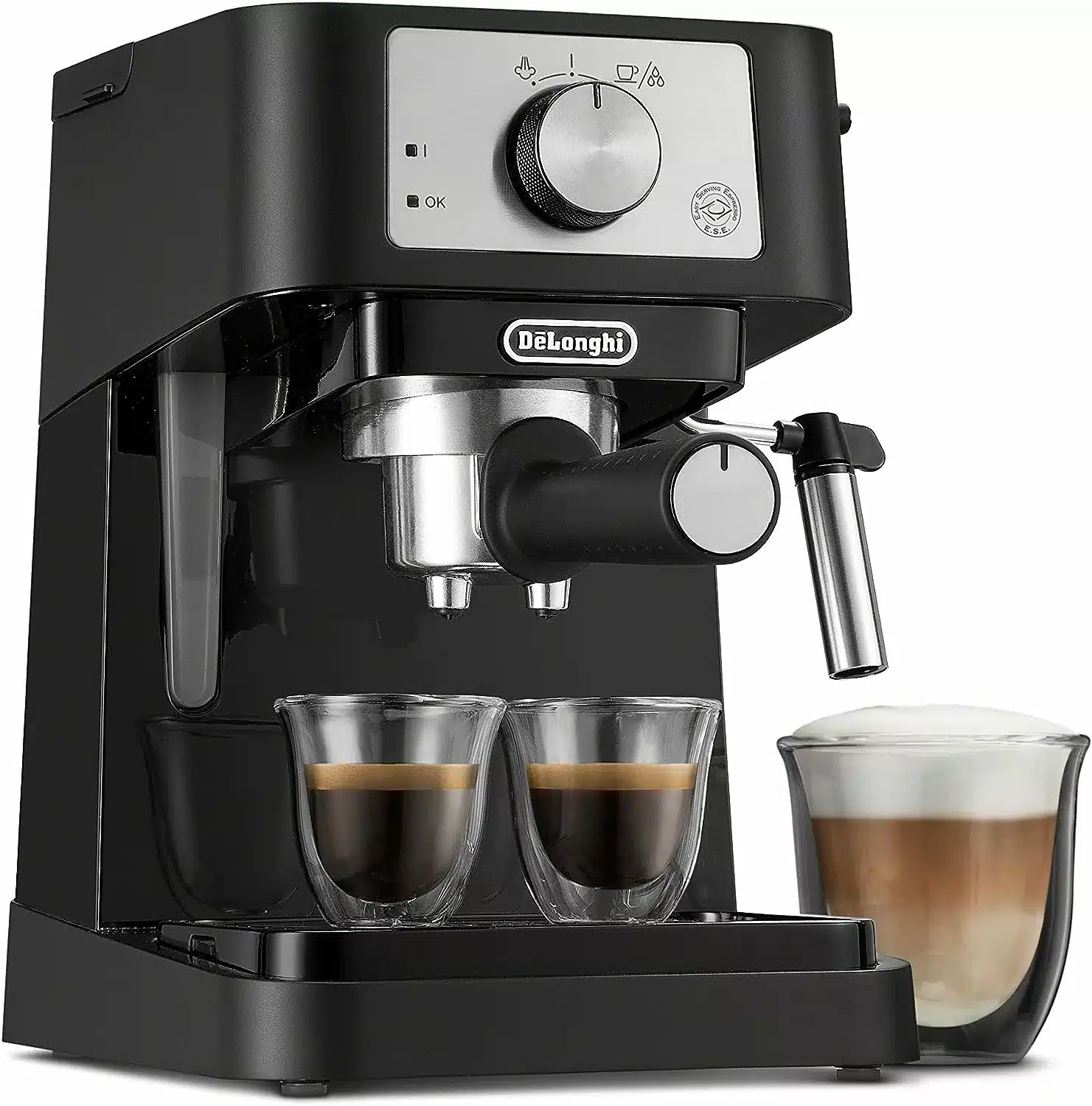 De'Longhi Stilosa Manual Espresso Machine, Latte & Cappuccino Maker, 15 Bar Pump Pressure + Milk Frother Steam Wand, Black / Stainless