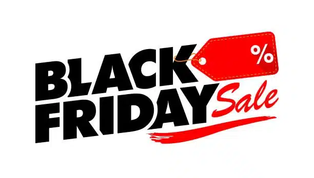 Black Friday header with price sticker and shopping cart. Vector template on transparent background