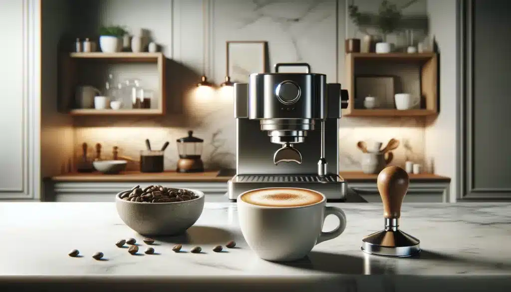 An AI generated image of a sleek silver coffee machine on a modern kitchen bench with a cup of coffee, a bowl of beans and a tamper in the foreground.