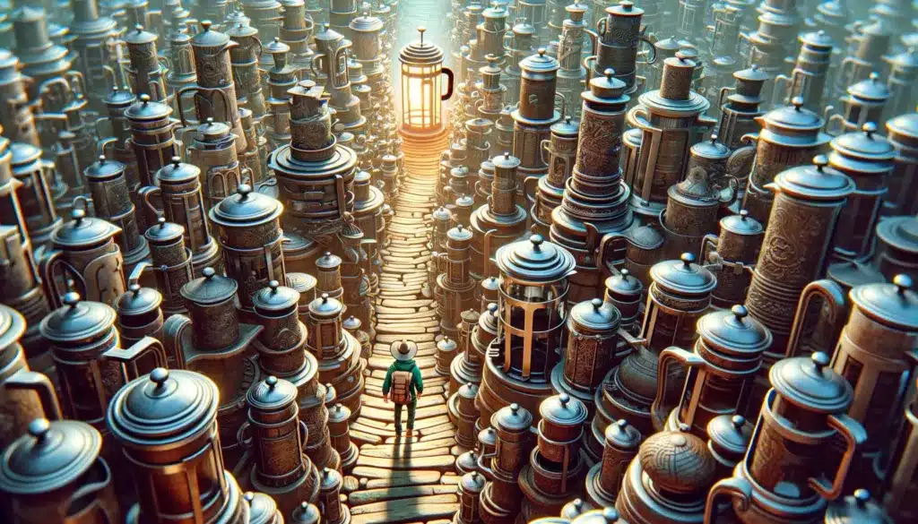 An AI image of a traveller journeying through a maze of French Press coffee makers to find the perfect French Press.