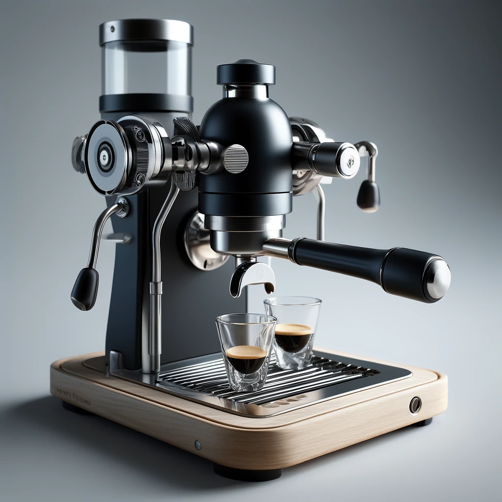 A-sleek-modern-manual-espresso-machine-with-a-lever-mechanism-mounted-on-a-wooden-base.-The-machine-has-a-black-body-with-metallic-components