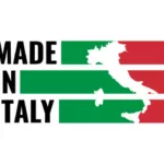 made in italy, vector logo with italian flag colored stripes and country map