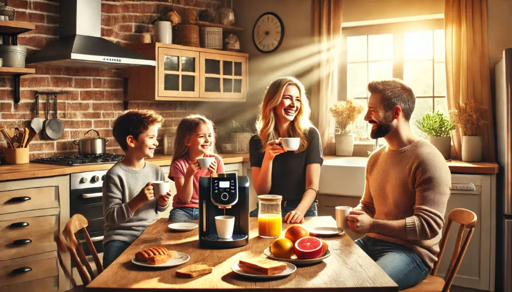 A-warm-cozy-home-setting-where-a-family-is-enjoying-coffee-together.-The-scene-includes-a-modern-kitchen-with-a-coffee-machine-on-the-counter.